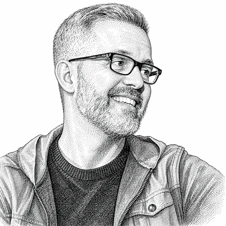 Stipple engraving portrait of Ron Davis